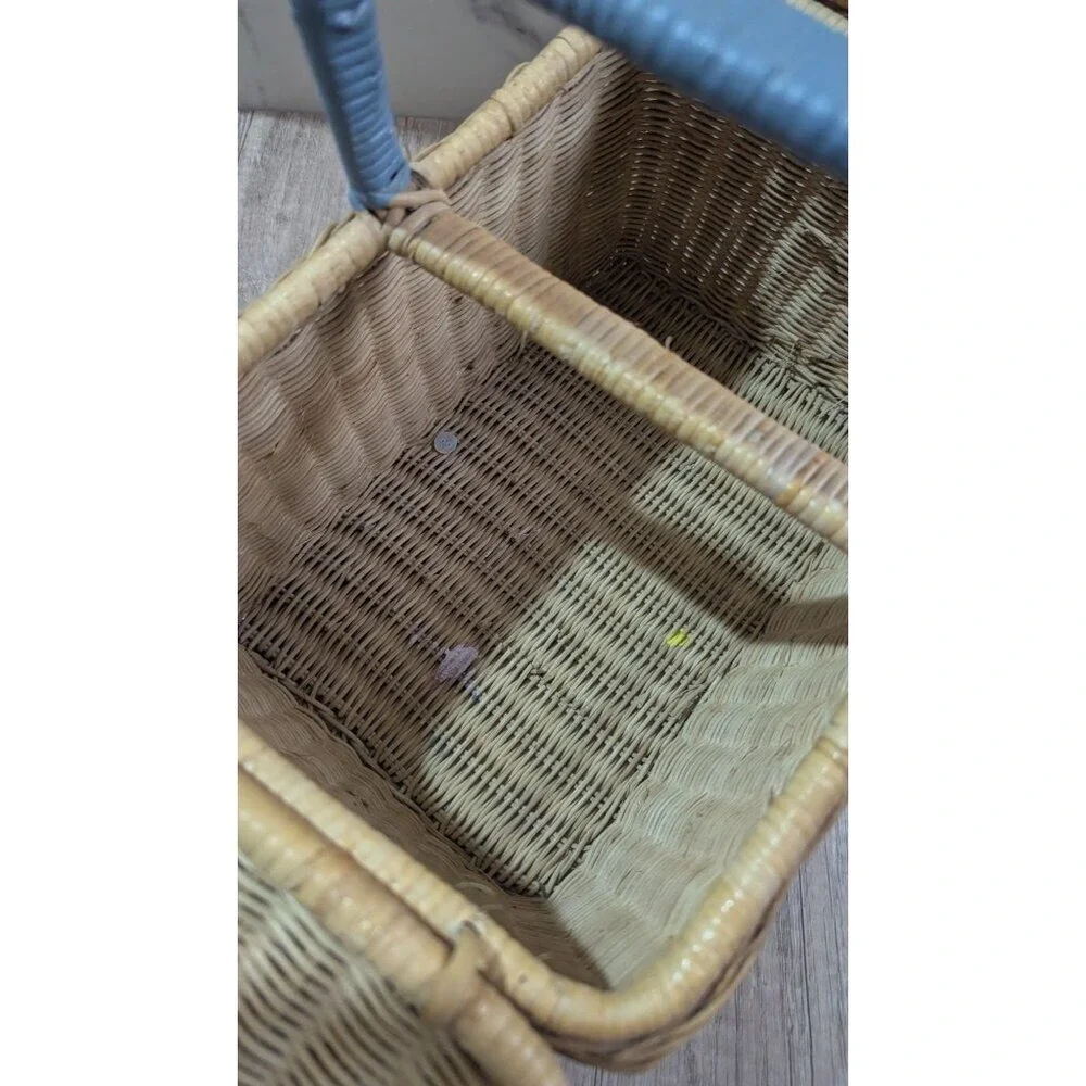 Vintage Floral Wicker Picnic Basket Double Lid Blue Handle Sewing Box 12x9x8